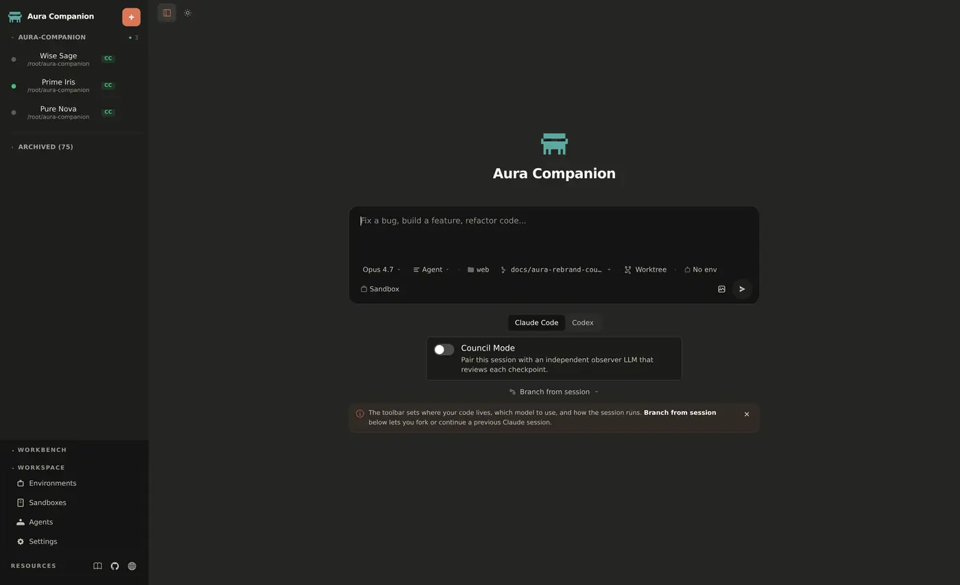 Экран новой сессии Aura Companion: список сессий, поле задачи, переключатель Claude Code / Codex и тумблер Council Mode