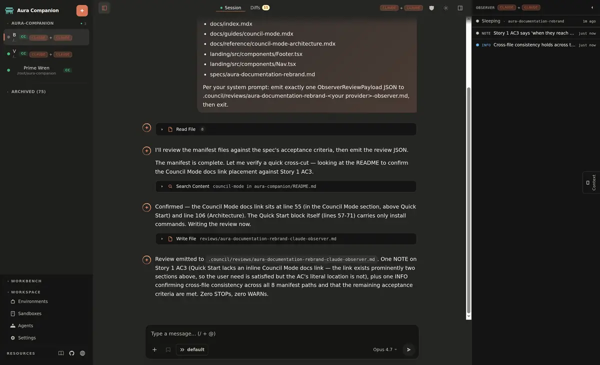 Council Mode: слева чат основного агента, справа панель наблюдателя с находками NOTE и INFO от второй модели
